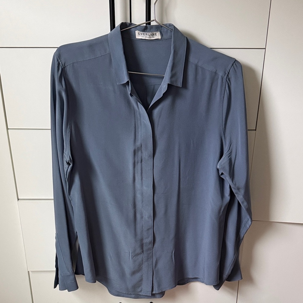 Everlane Silk Slate Blue Long-Sleeve Button Down Shirt